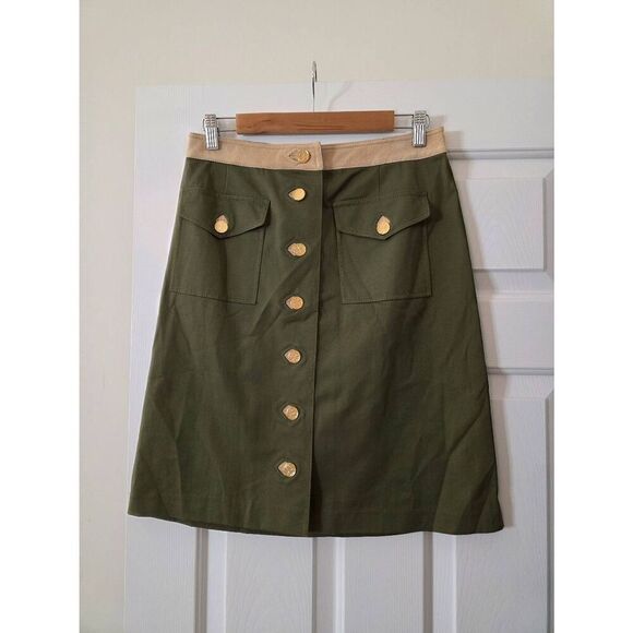 Tory Burch Pencil Skirt Military Green Logo Button Front Cargo Pocket NWT $265 S - Picture 1 of 7